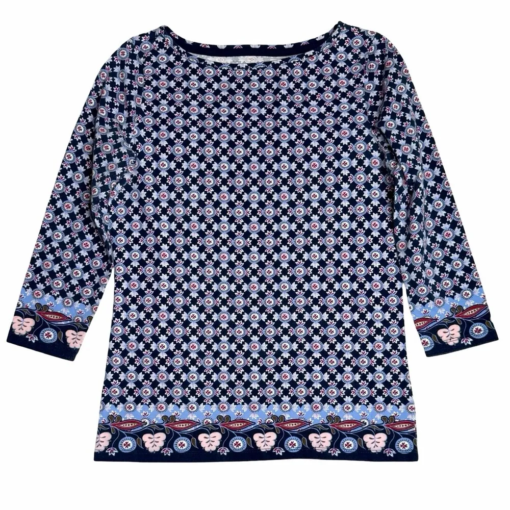 Talbots The Talbots Tee Geometric Medallion Print Navy‎ Blue Women Petite P